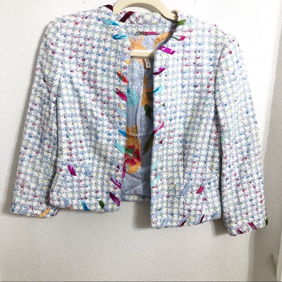 Escada Blue White Tweed Ribbon Blazer - Picture 1 of 6